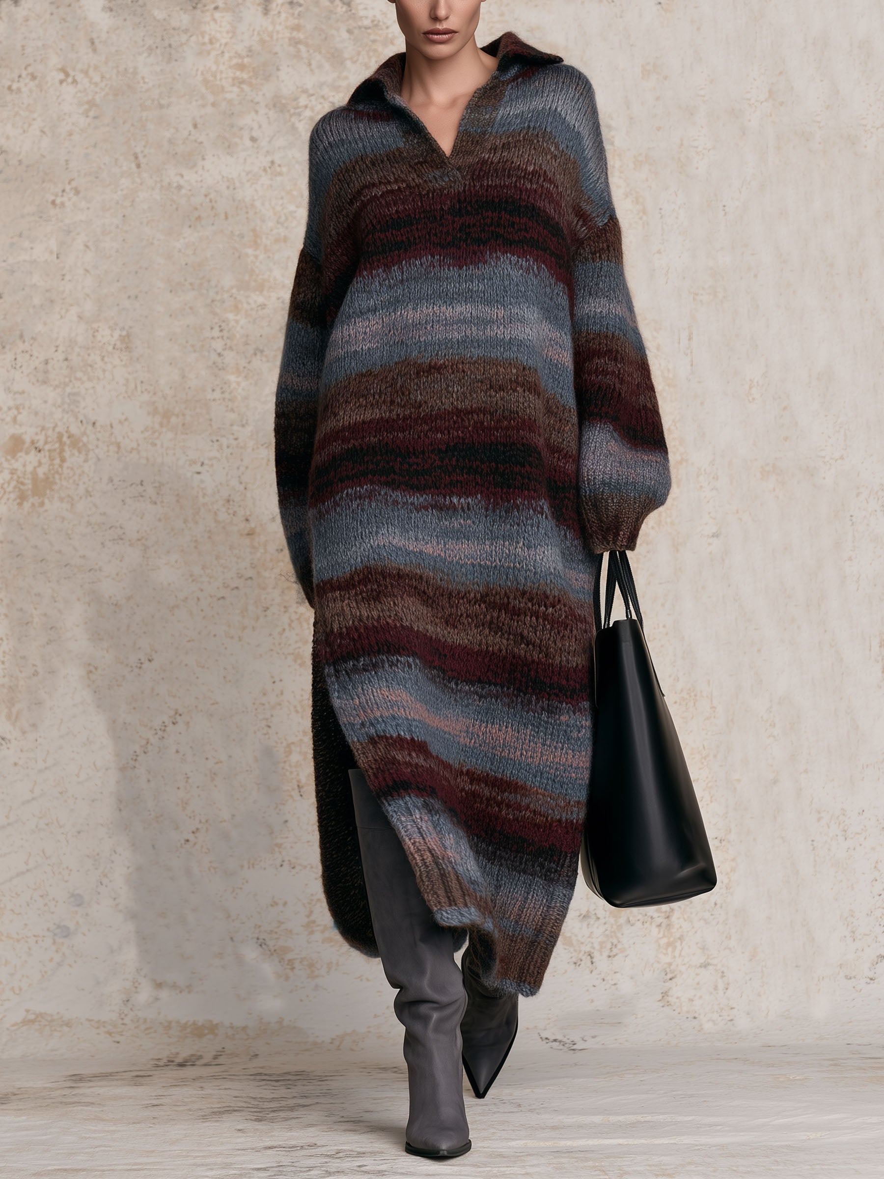Oversized Collared Striped Knit Maxi Dress, Side Slit Sweater Dress