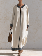 Cream Textured Linen‑Blend Contrast Stripe Kaftan Maxi Dress