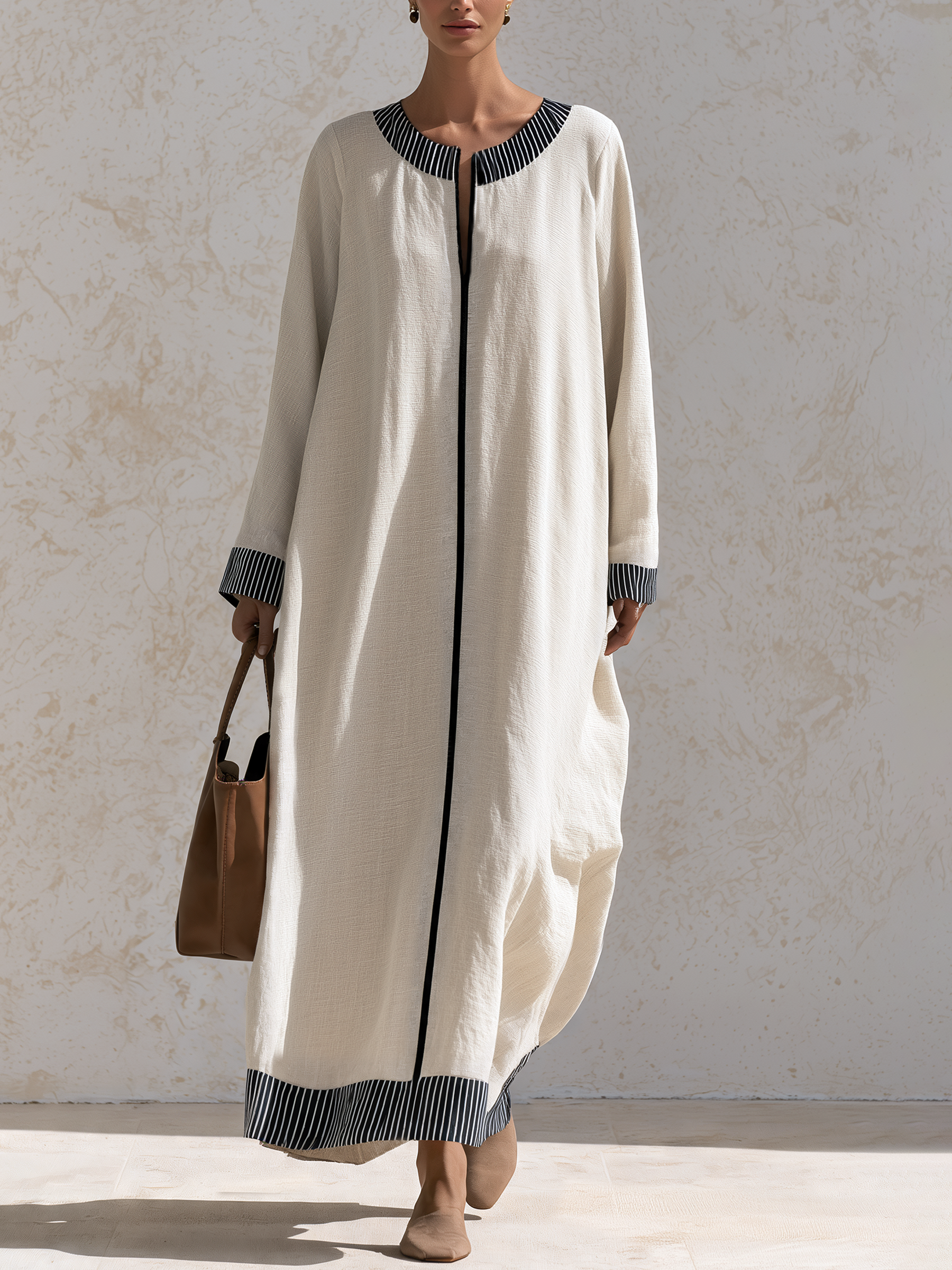 Cream Textured Linen‑Blend Contrast Stripe Kaftan Maxi Dress