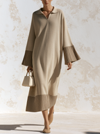 Beige Polo Collar Contrast Rib Knit Midi Dress