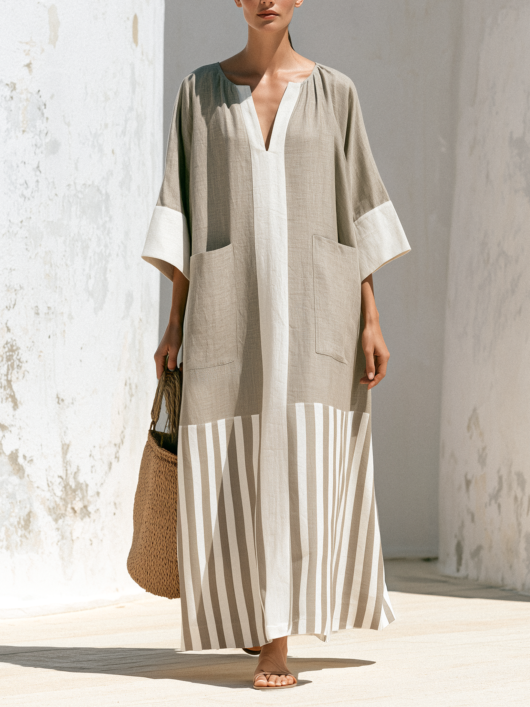 Linen Blend Color Block Stripe Maxi Dress