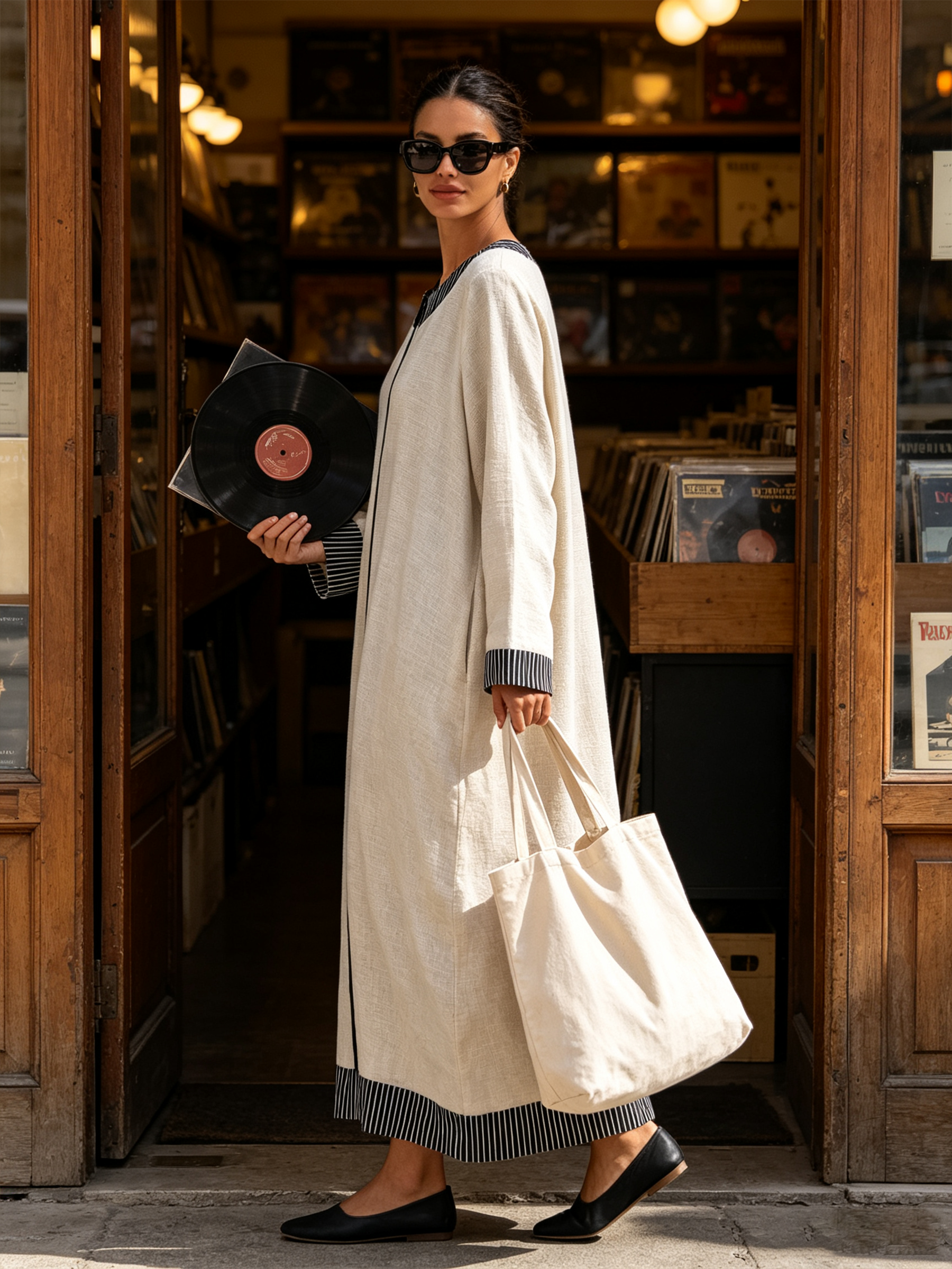 Cream Textured Linen‑Blend Contrast Stripe Kaftan Maxi Dress