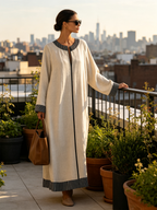 Cream Textured Linen‑Blend Contrast Stripe Kaftan Maxi Dress
