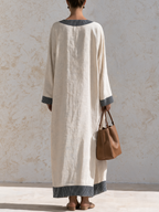 Cream Textured Linen‑Blend Contrast Stripe Kaftan Maxi Dress