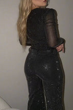 Women's Fashion Shiny Rhinestone Top or Rhinestone Wide Leg Pants