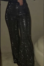Women's Fashion Shiny Rhinestone Top or Rhinestone Wide Leg Pants