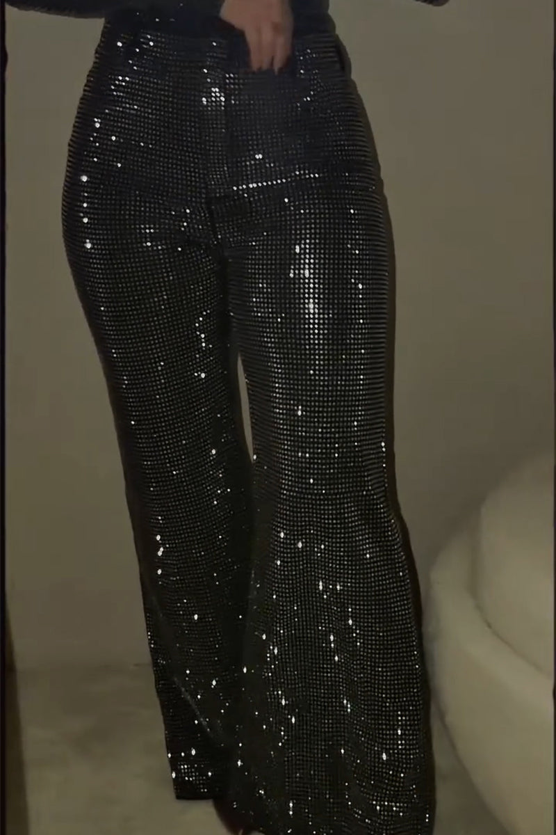 Women's Fashion Shiny Rhinestone Top or Rhinestone Wide Leg Pants