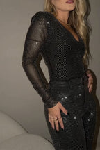 Women's Fashion Shiny Rhinestone Top or Rhinestone Wide Leg Pants