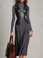 Vintage Faux Leather Bustier Overlay Ribbed Knit Midi Dress