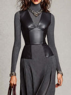 Vintage Faux Leather Bustier Overlay Ribbed Knit Midi Dress