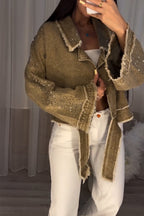 Women's Casual Rhinestone Decoration Frayed Wash Denim Jacket