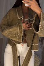 Women's Casual Rhinestone Decoration Frayed Wash Denim Jacket