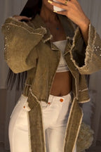 Women's Casual Rhinestone Decoration Frayed Wash Denim Jacket