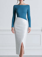 Elegant Sequin Colorblock Boat Neck Sheath Midi Dress