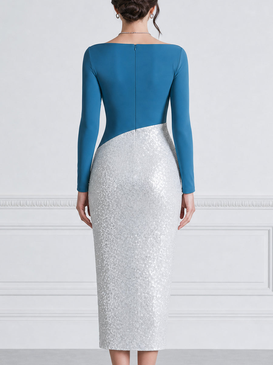 Elegant Sequin Colorblock Boat Neck Sheath Midi Dress