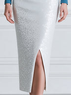 Elegant Sequin Colorblock Boat Neck Sheath Midi Dress