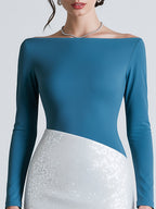 Elegant Sequin Colorblock Boat Neck Sheath Midi Dress