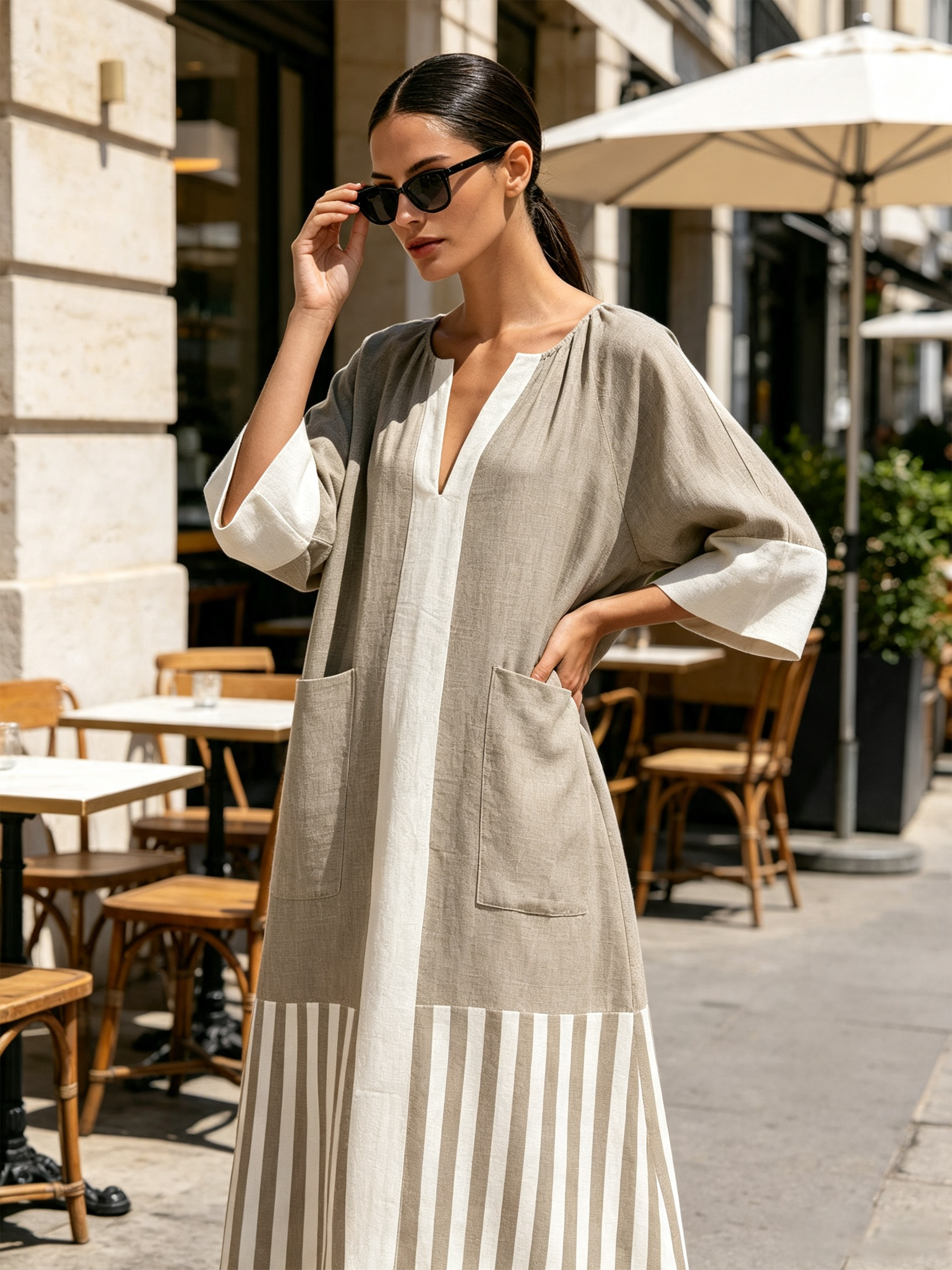 Linen Blend Color Block Stripe Maxi Dress