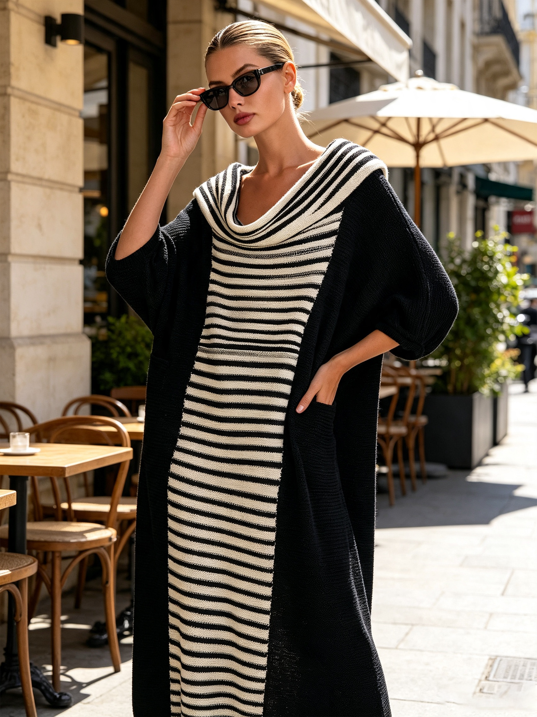 : Striped Color Block Cowl Neck Knit Oversized Maxi Dress
