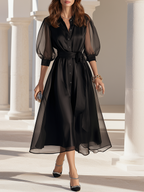 Elegant Dinner Sheer Puff Sleeves Black Midi Dress