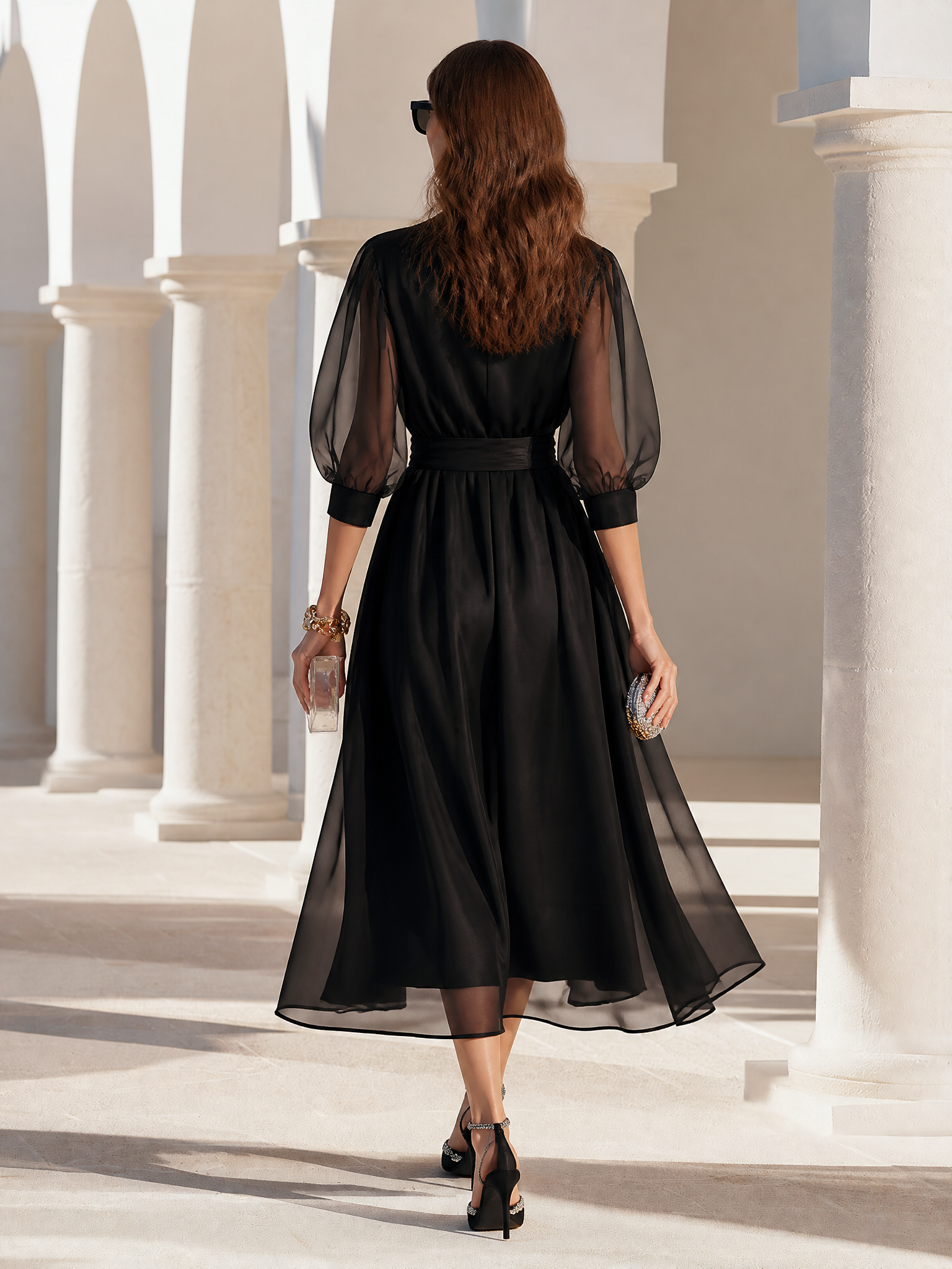 Elegant Dinner Sheer Puff Sleeves Black Midi Dress