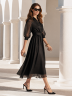 Elegant Dinner Sheer Puff Sleeves Black Midi Dress