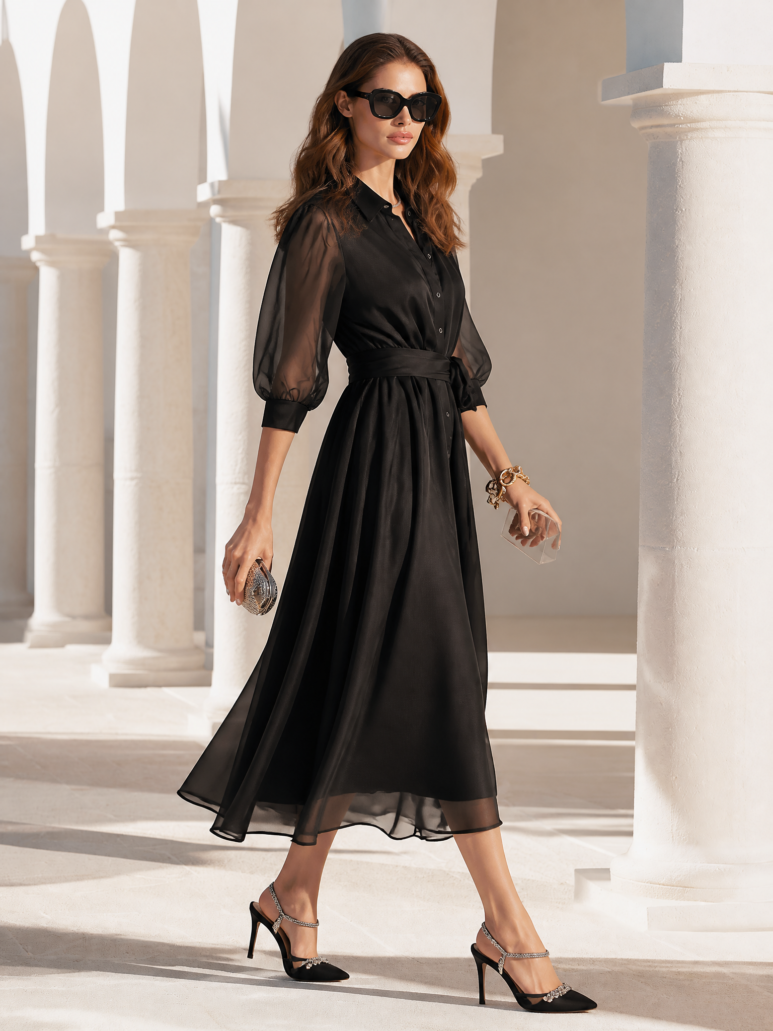 Elegant Dinner Sheer Puff Sleeves Black Midi Dress