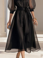 Elegant Dinner Sheer Puff Sleeves Black Midi Dress