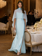 Elegant Powder Blue High-Neck Cape Side-Slit Evening Dinner Dress