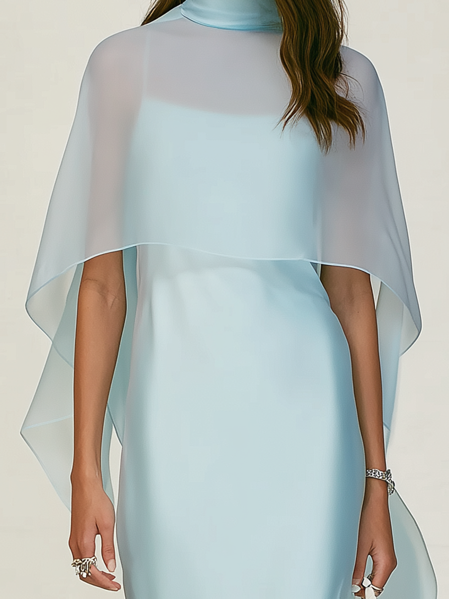 Elegant Powder Blue High-Neck Cape Side-Slit Evening Dinner Dress