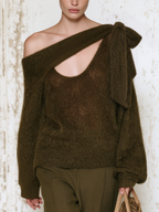 Asymmetric Off Shoulder Knotted Mohair Sweater