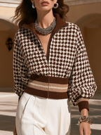 Vintage Old Money Brown Houndstooth Knit Zip-Up Jacket