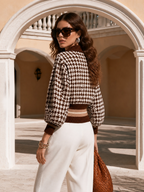 Vintage Old Money Brown Houndstooth Knit Zip-Up Jacket