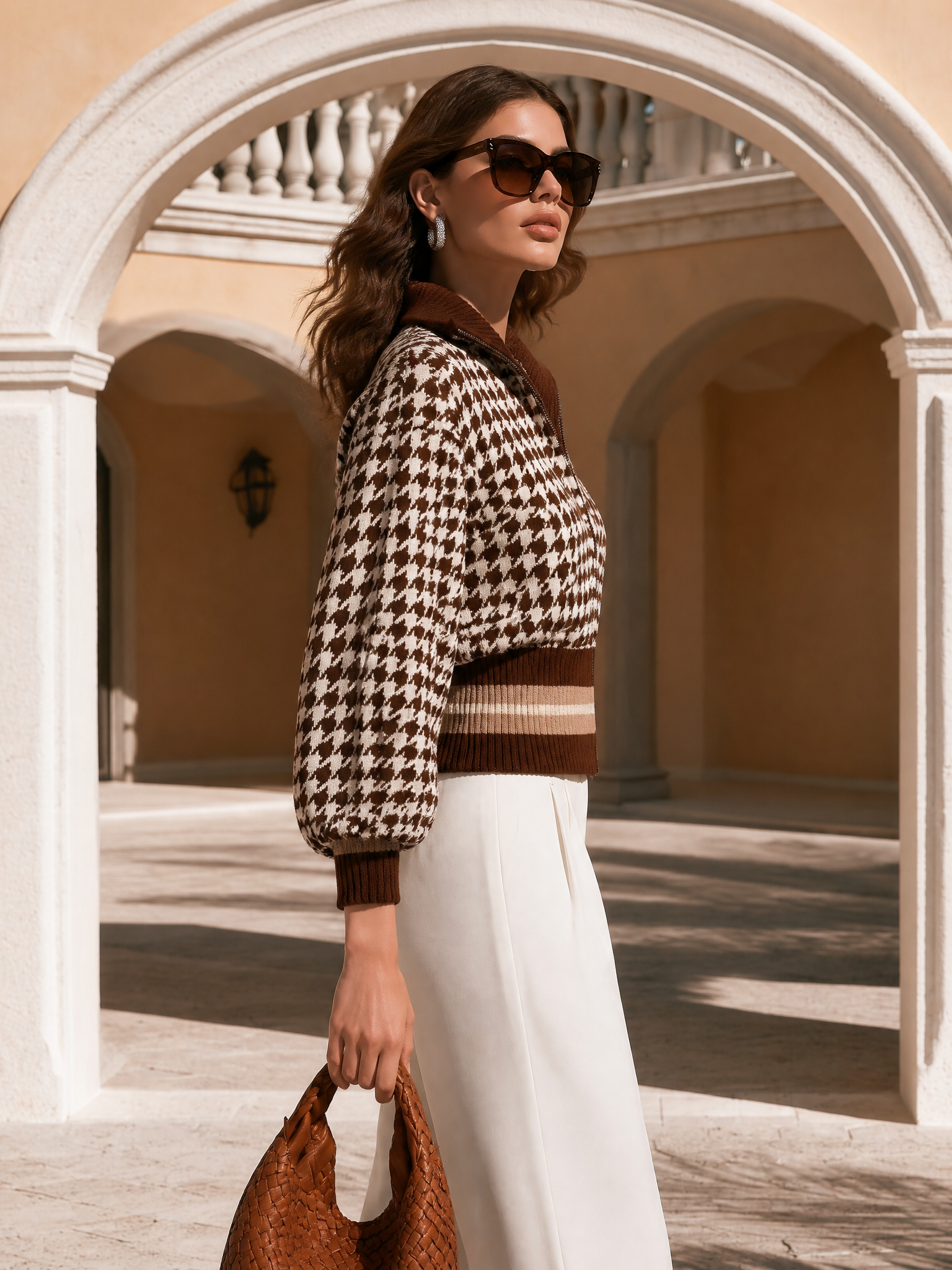 Vintage Old Money Brown Houndstooth Knit Zip-Up Jacket