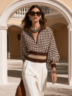 Vintage Old Money Brown Houndstooth Knit Zip-Up Jacket