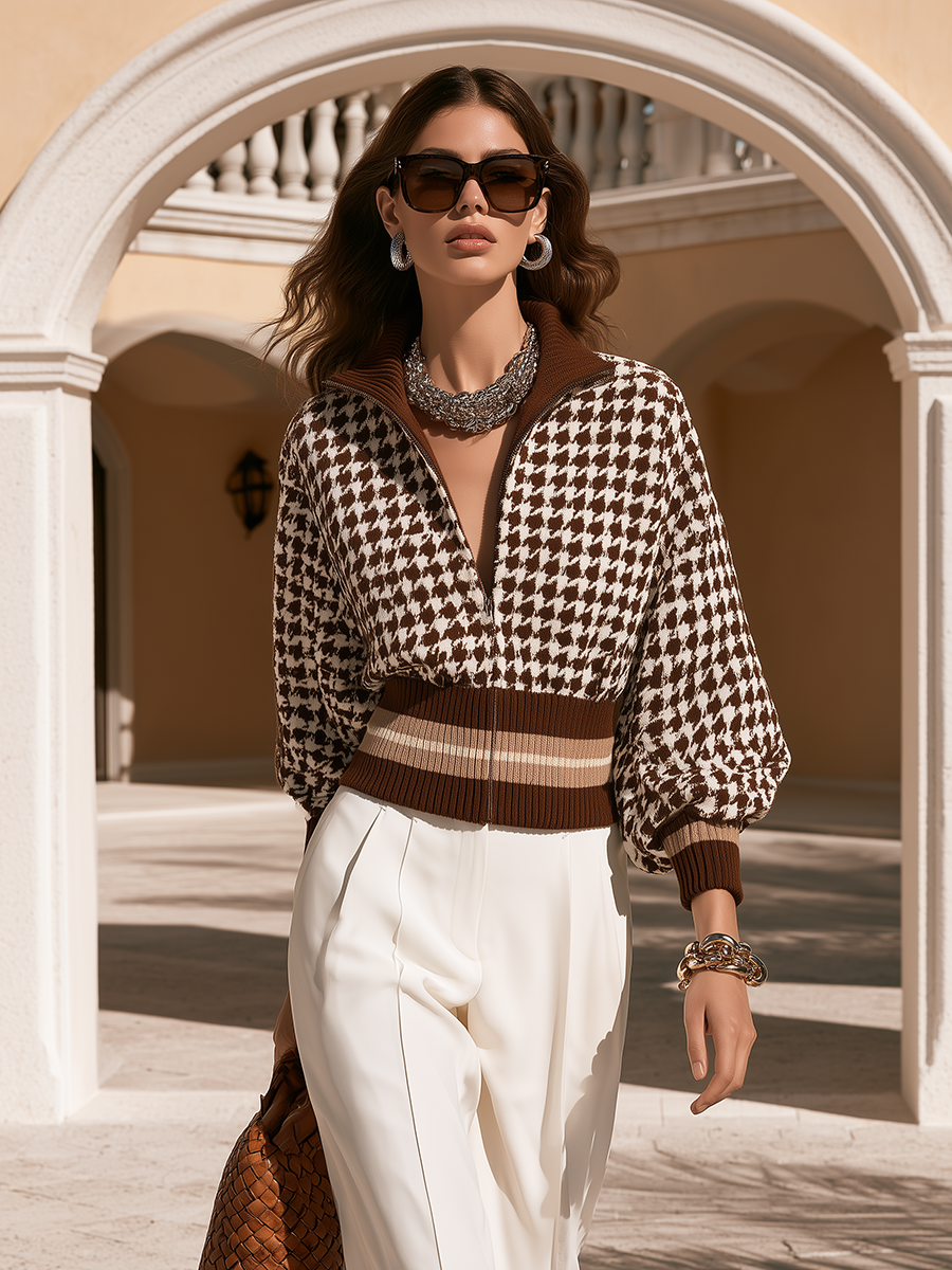 Vintage Old Money Brown Houndstooth Knit Zip-Up Jacket