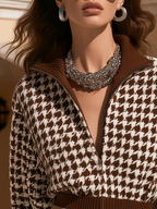 Vintage Old Money Brown Houndstooth Knit Zip-Up Jacket