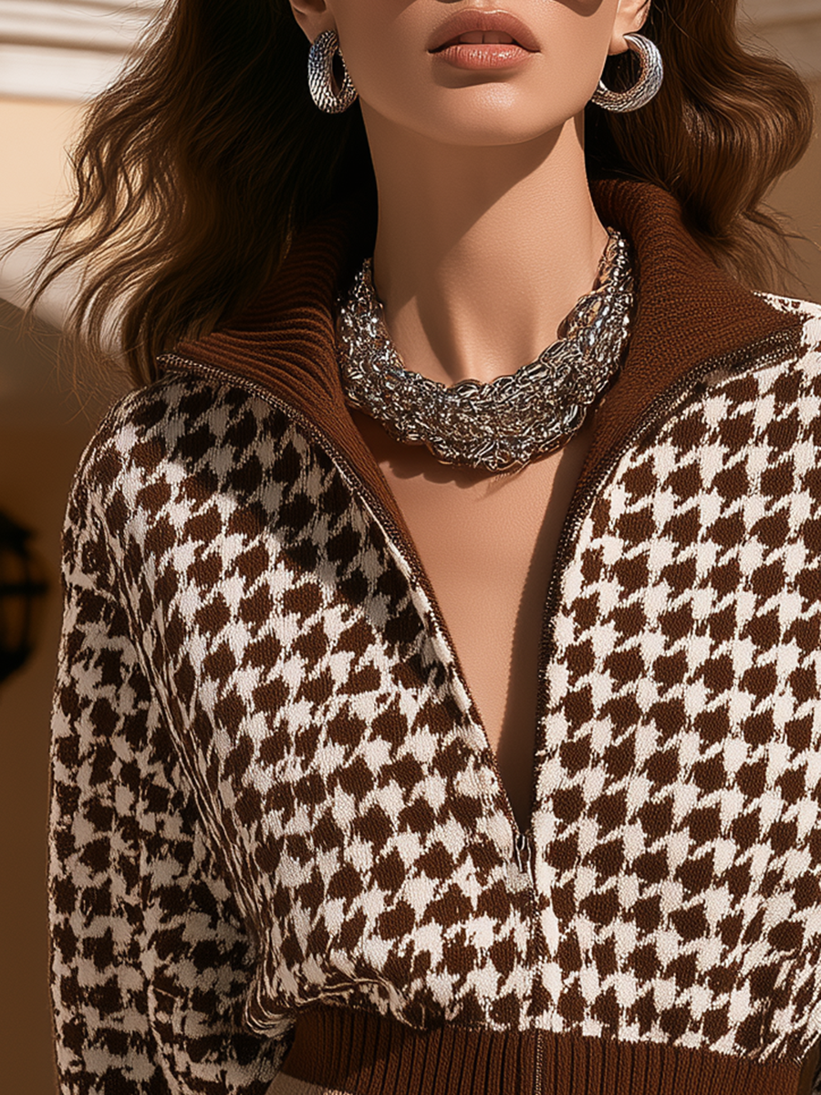 Vintage Old Money Brown Houndstooth Knit Zip-Up Jacket