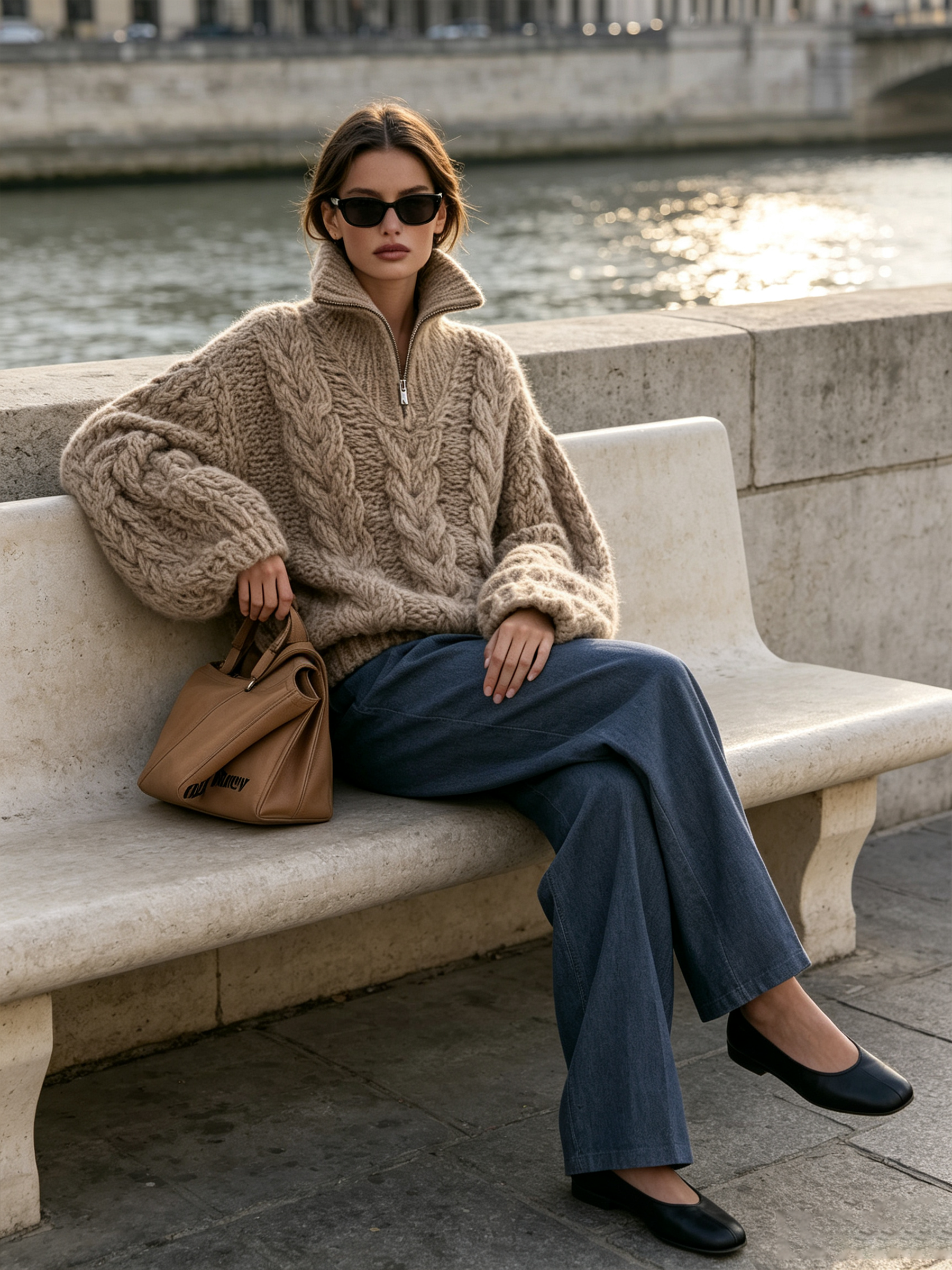 Oatmeal Chunky Cable Knit Half‑Zip Turtleneck Sweater