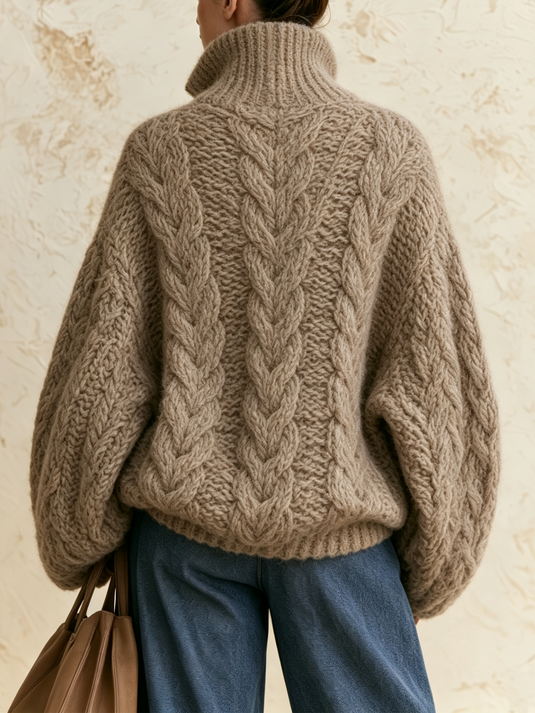 Oatmeal Chunky Cable Knit Half‑Zip Turtleneck Sweater