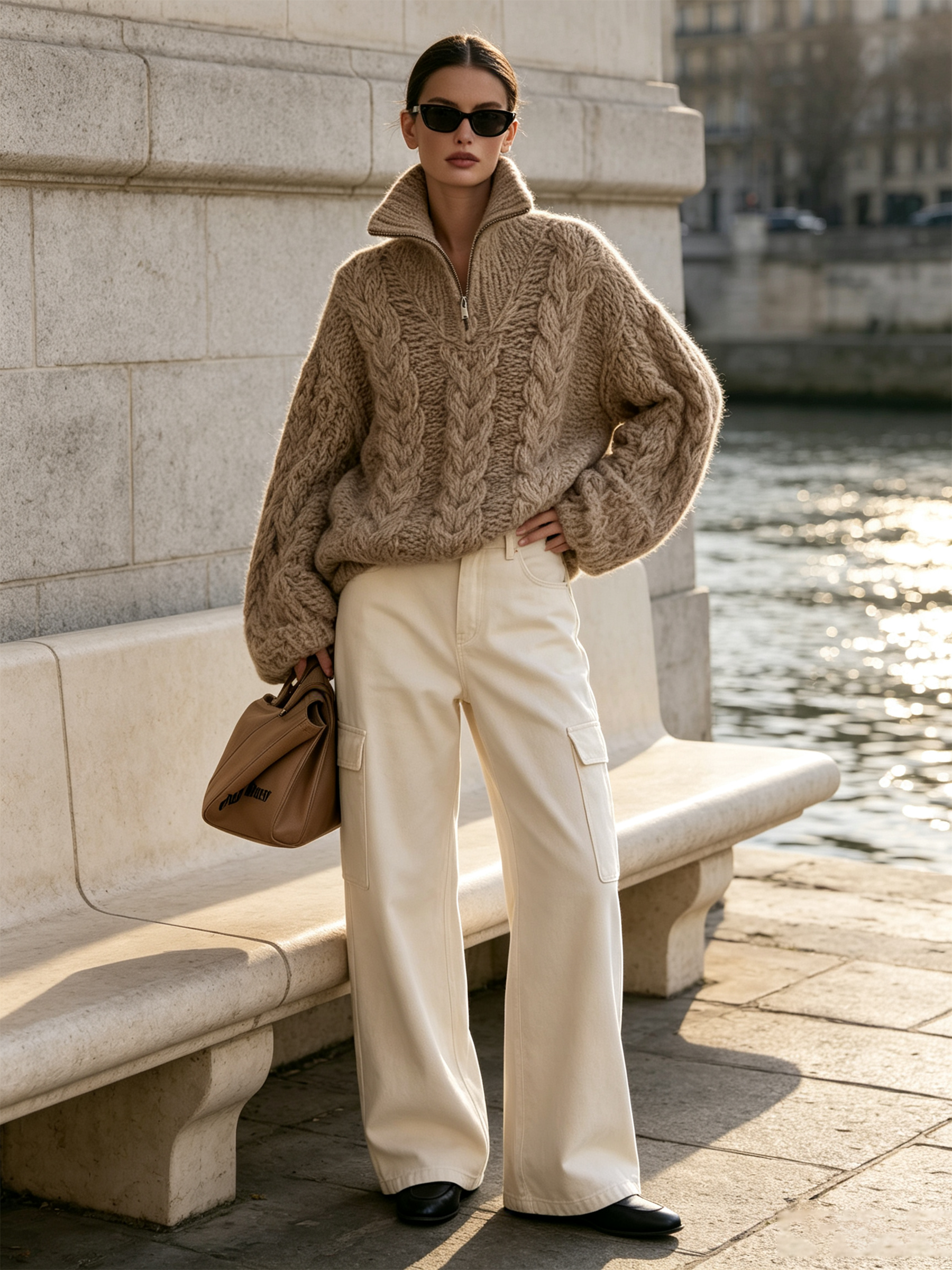 Oatmeal Chunky Cable Knit Half‑Zip Turtleneck Sweater