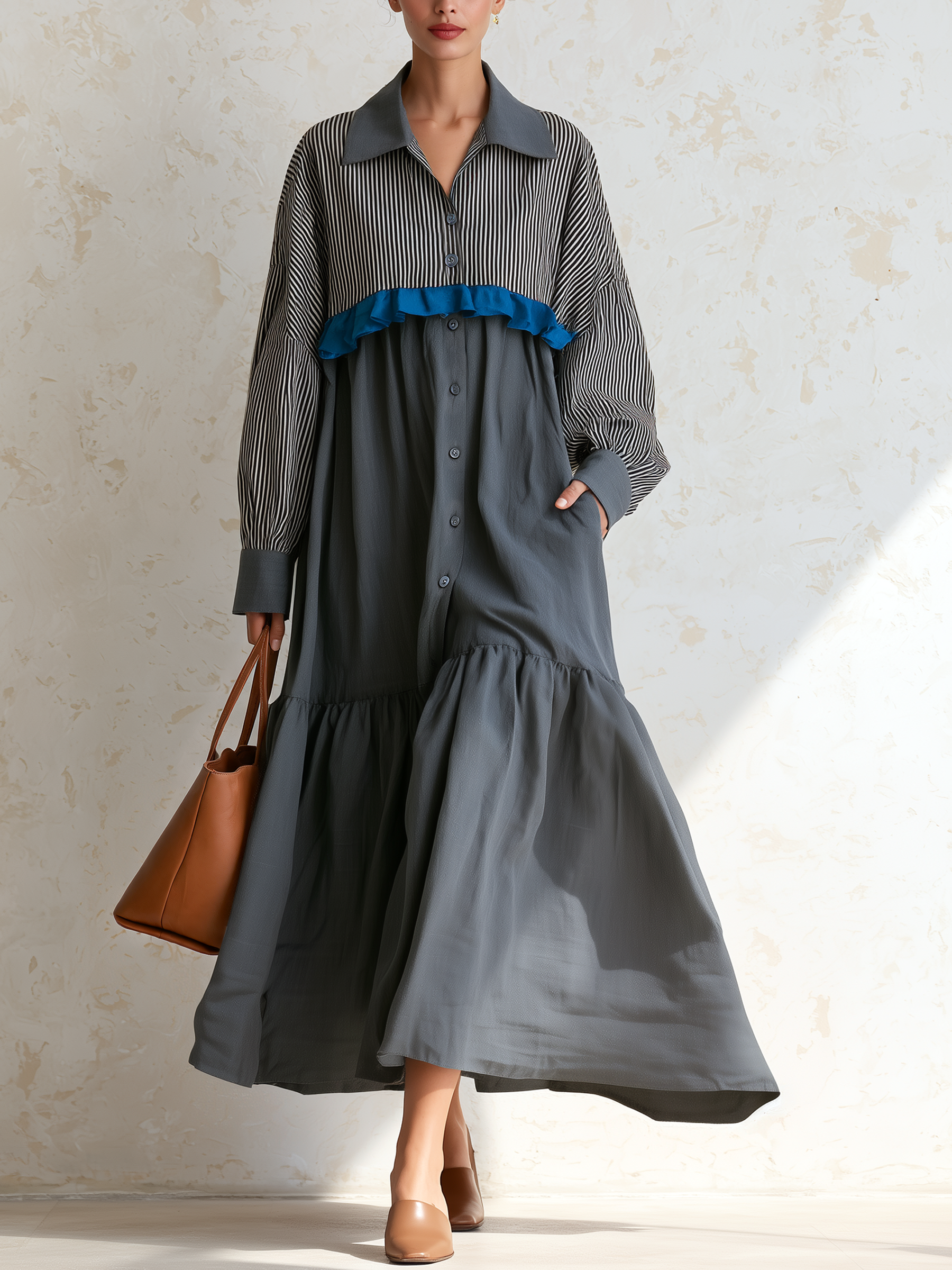 Contrast Striped Yoke Ruffled Tiered Shirt Maxi Dress