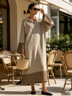 Beige Polo Collar Contrast Rib Knit Midi Dress