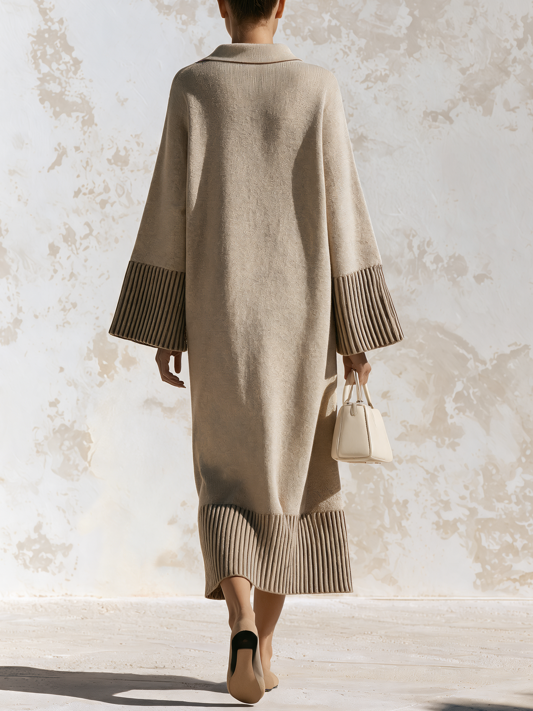 Beige Polo Collar Contrast Rib Knit Midi Dress
