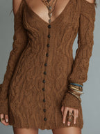 Retro-style Slim-fit Cable-knit Mini Dress With Shoulder Cutouts