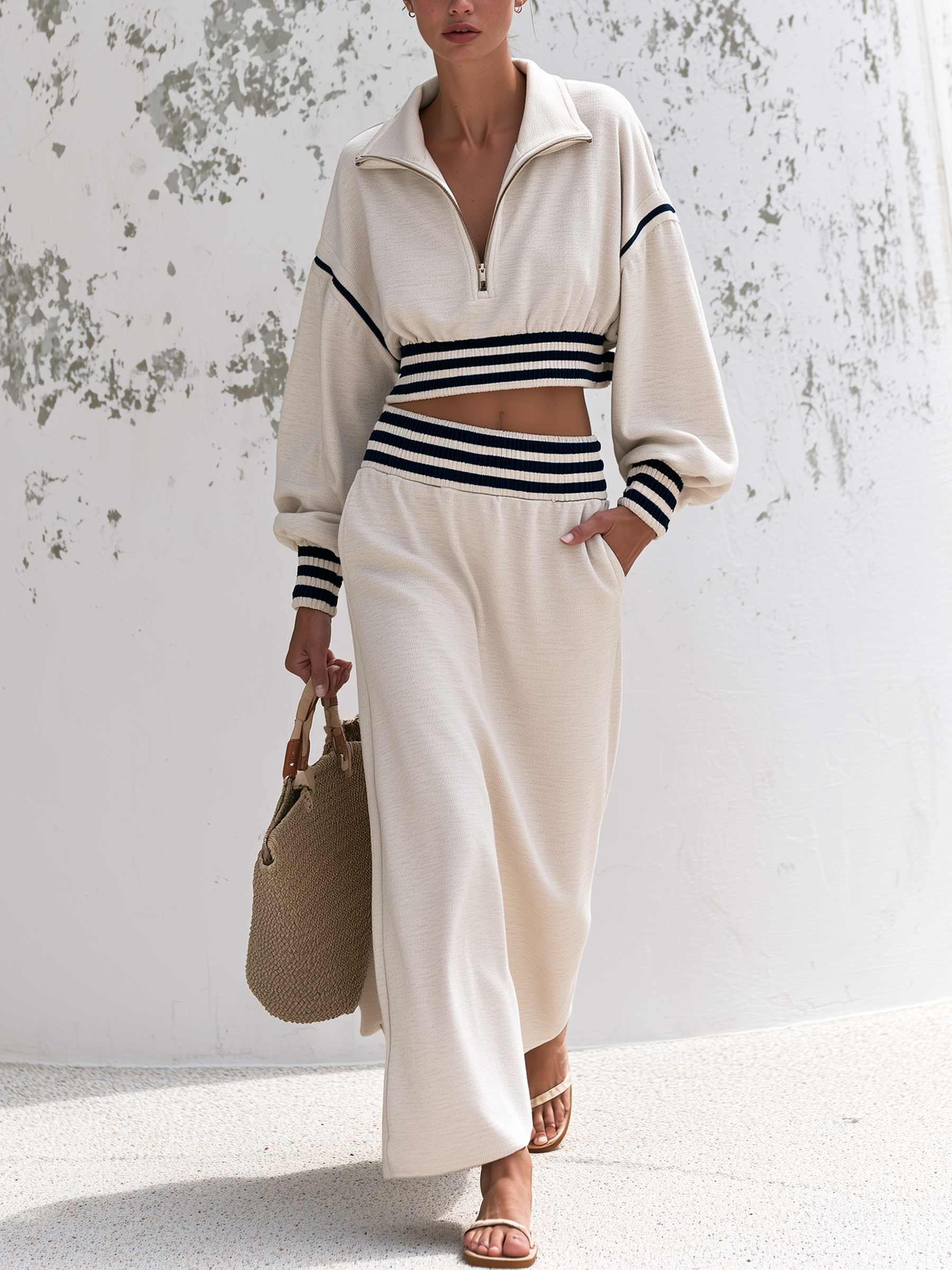 Striped Trim Half Zip Cropped Sweatshirt & Midi Skirt Two Piece Set