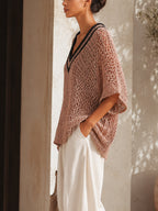 Women’s Relaxed Open-Knit V-Neck Pullover – Contrast Trim Loose Fit Sweater