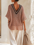 Women’s Relaxed Open-Knit V-Neck Pullover – Contrast Trim Loose Fit Sweater