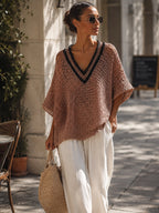 Women’s Relaxed Open-Knit V-Neck Pullover – Contrast Trim Loose Fit Sweater