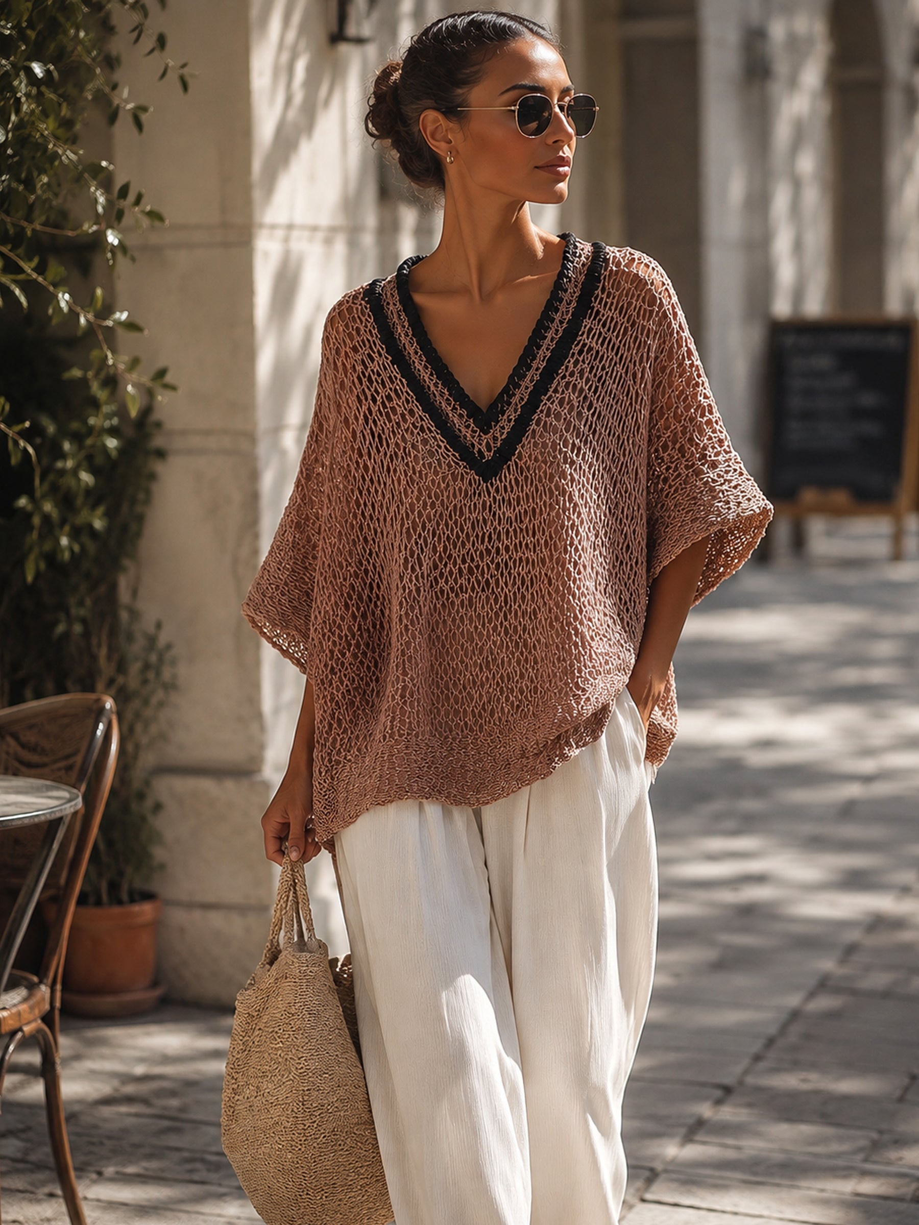 Women’s Relaxed Open-Knit V-Neck Pullover – Contrast Trim Loose Fit Sweater